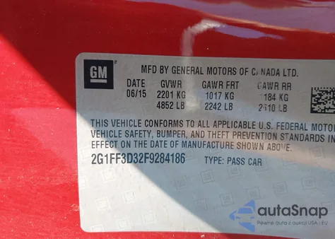 2015 Chevrolet Camaro 2Lt из США, поврежденный, VIN 2G1FF3D32F9284186